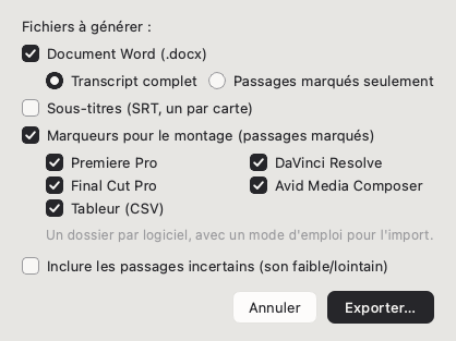 Fenêtre d'export : Word, sous-titres, marqueurs pour Premiere Pro, DaVinci Resolve, Final Cut Pro, Avid et tableur.